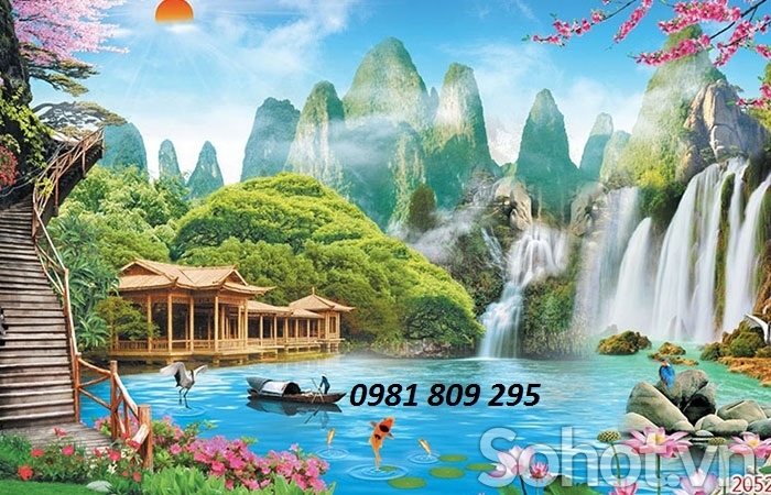 mẫu tranh gạch men 3d thác nước