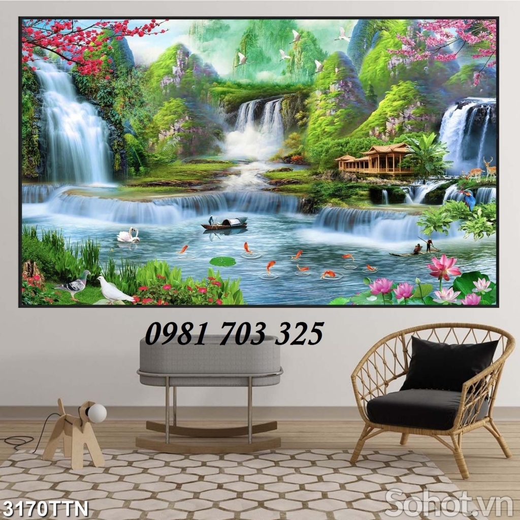 Tranh gạch đẹp 3D phong cảnh thác nước