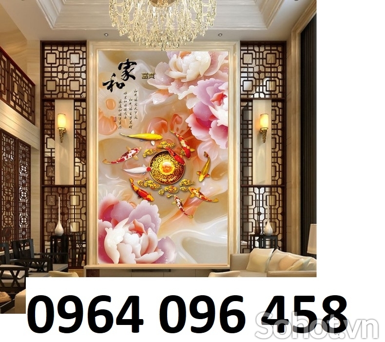 Tranh cá chép hoa mẫu đơn tranh gạch 3d ốp tường - 7433SO
