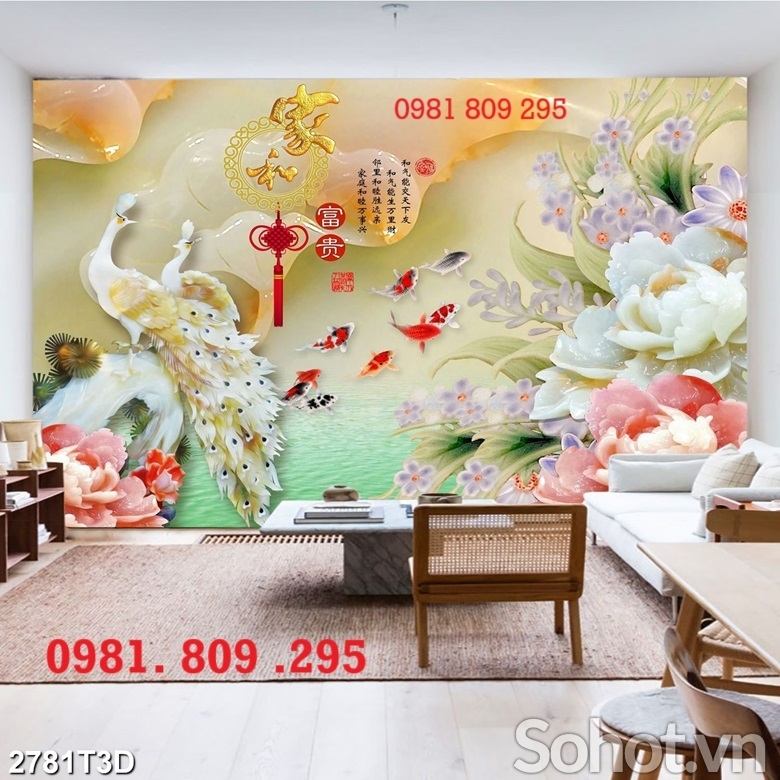 Gạch tranh phong thủy ốp tường , tranh mẫu đơn