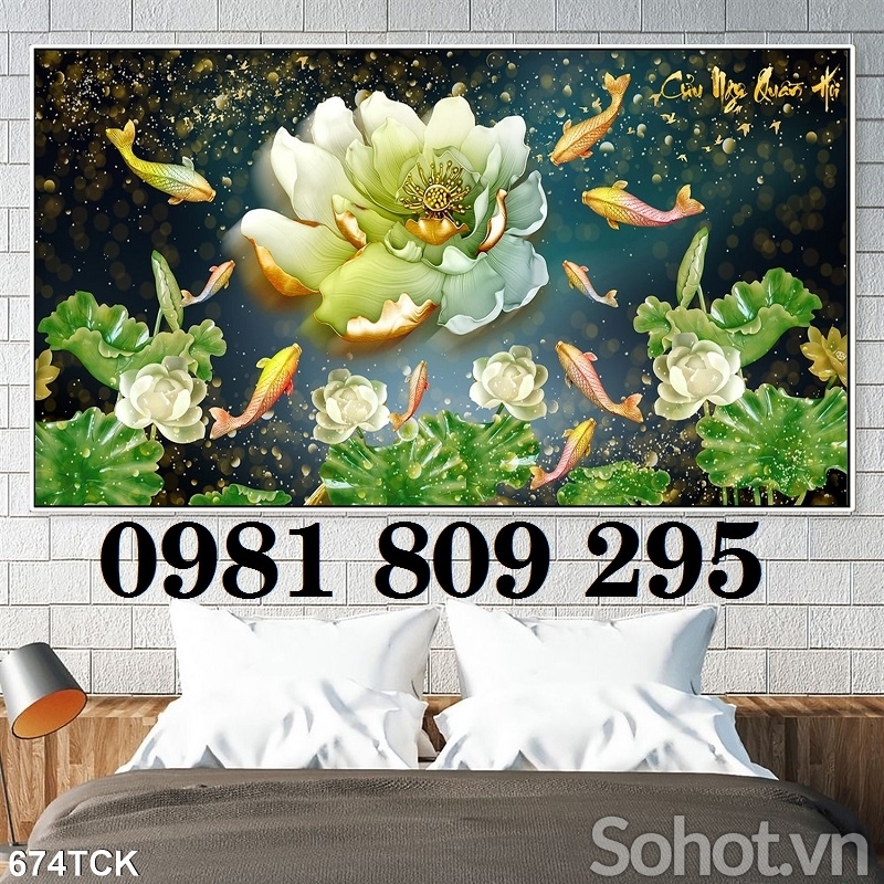 tranh hoa sen - gạch tranh 3d óp phòng khách