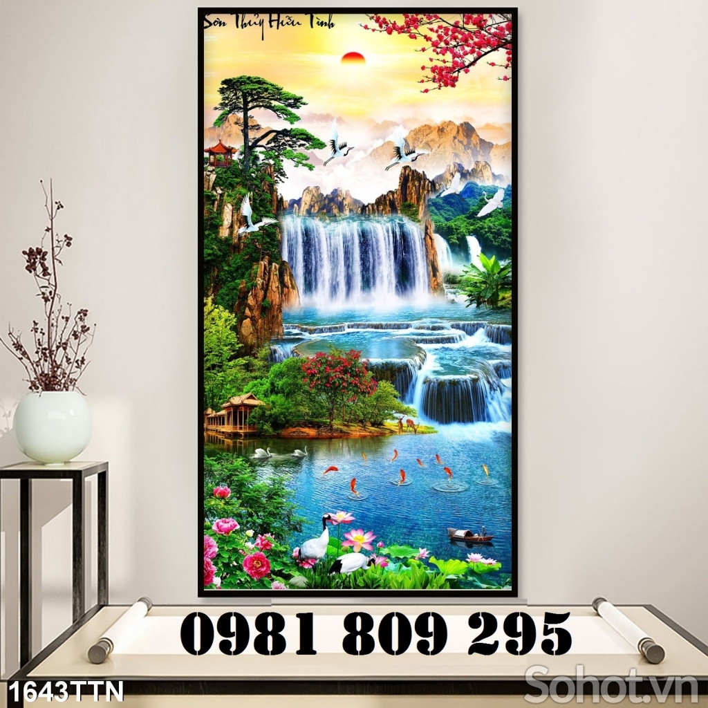 Tranh gạch khổ dọc 3d thác nước