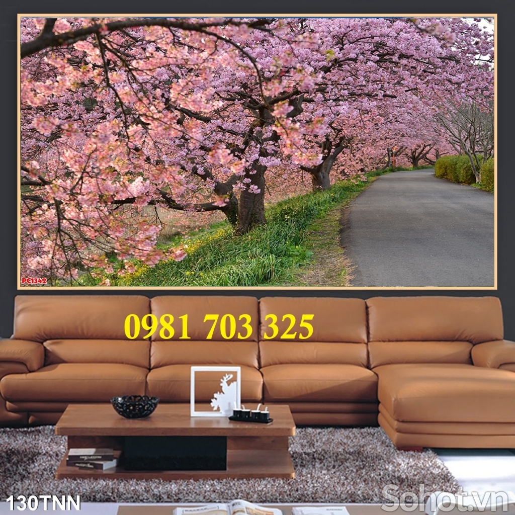Tranh gạch 3D ốp tường phòng khách, tranh hoa đào