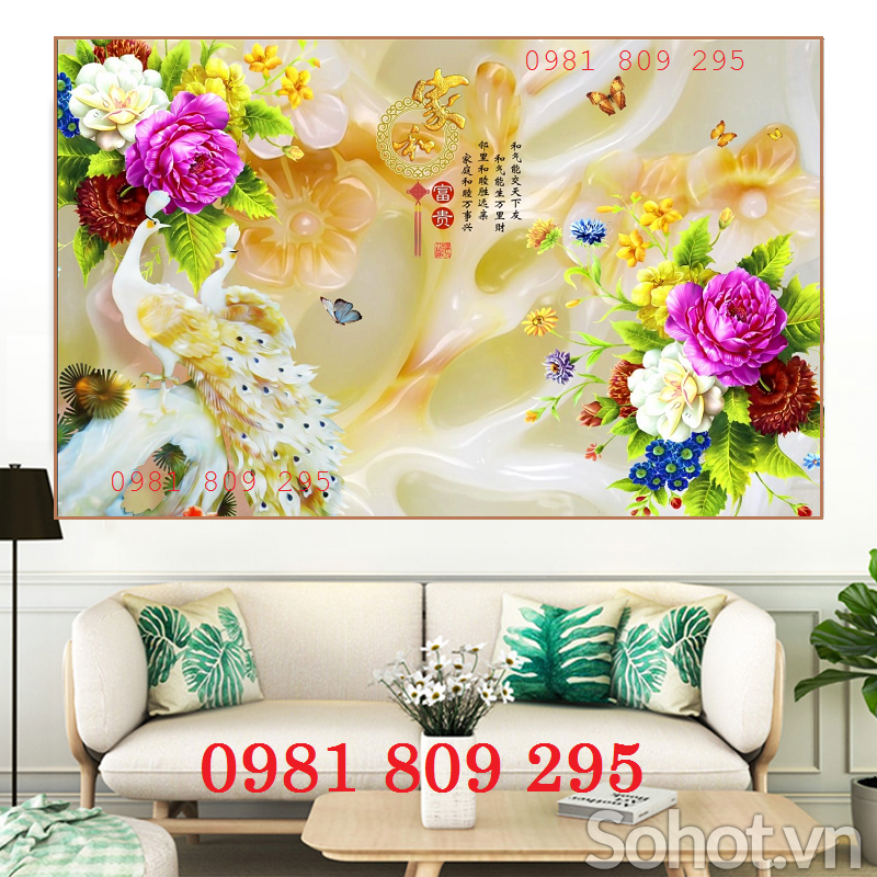 Mẫu tranh gạch ốp phòng khách con công GF9743