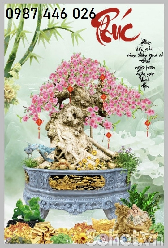 Gạch tranh 3d chậu hoa đào HO2722