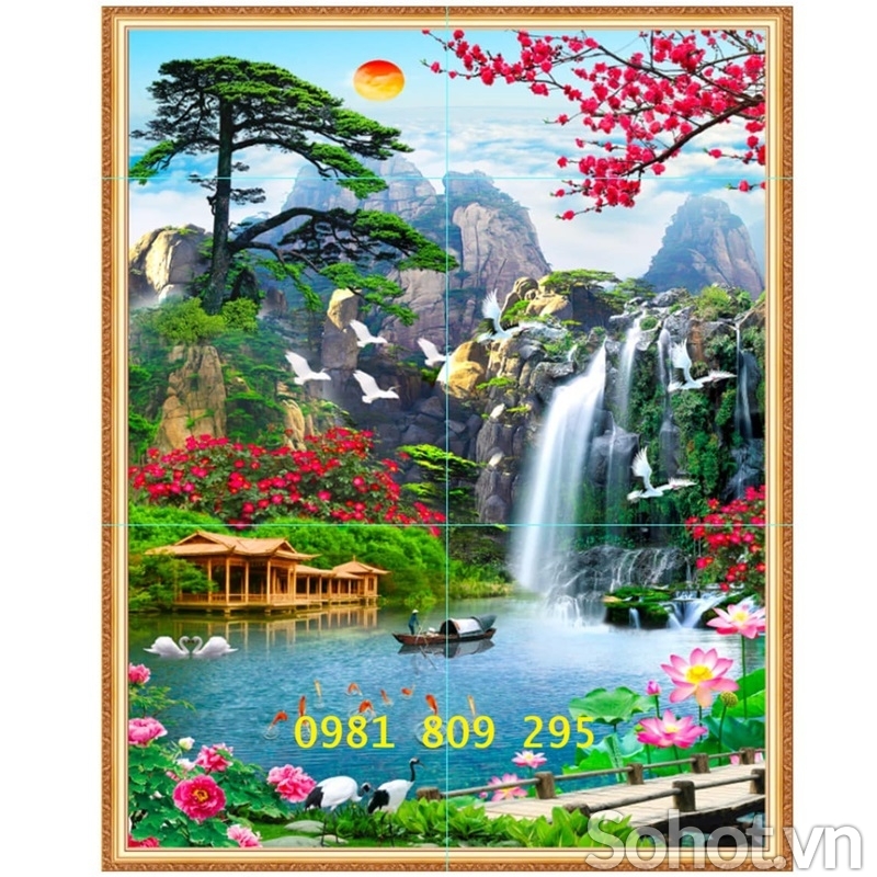 Mẫu tranh gạch trang trí hiên nhà thác nước