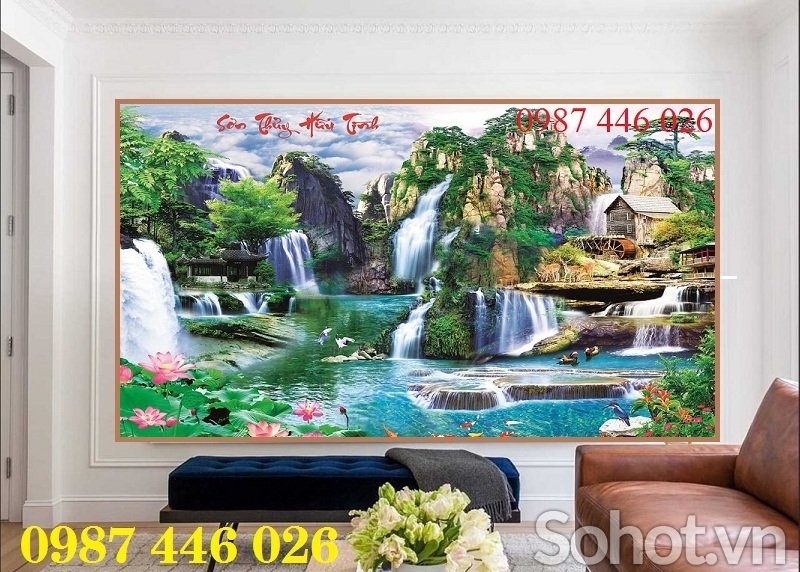 Tranh thác nước trên gạch 3d