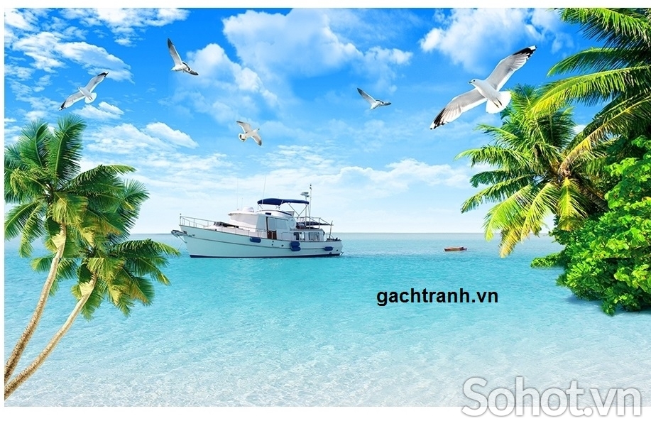 Tranh gạch 3d phong cảnh bờ biển cây dừa - KNB76