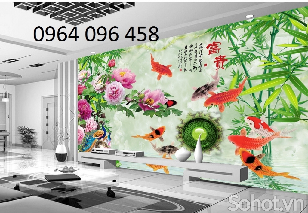 Tranh gạch 3d cá chép hoa mẫu đơn - MXV42