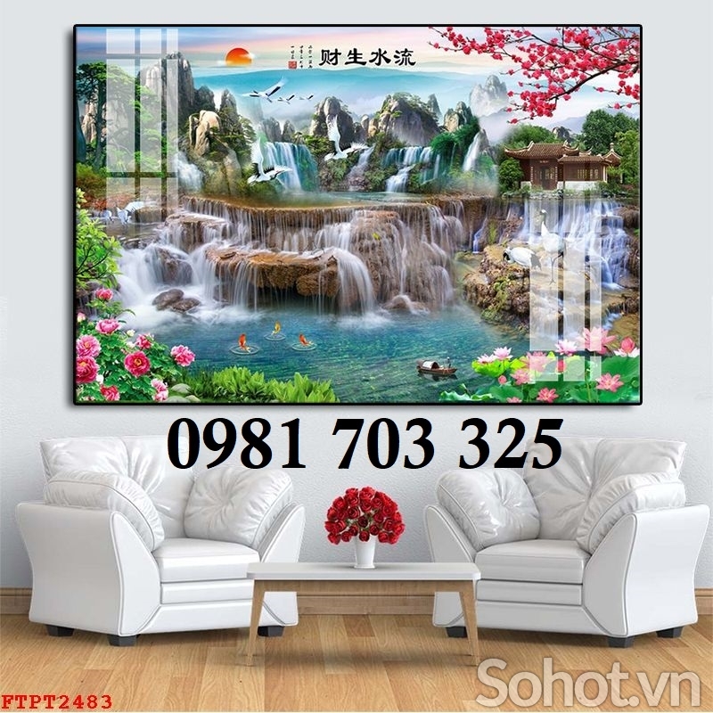 Tranh gạch phong cảnh thác nước son thủy hữu tình