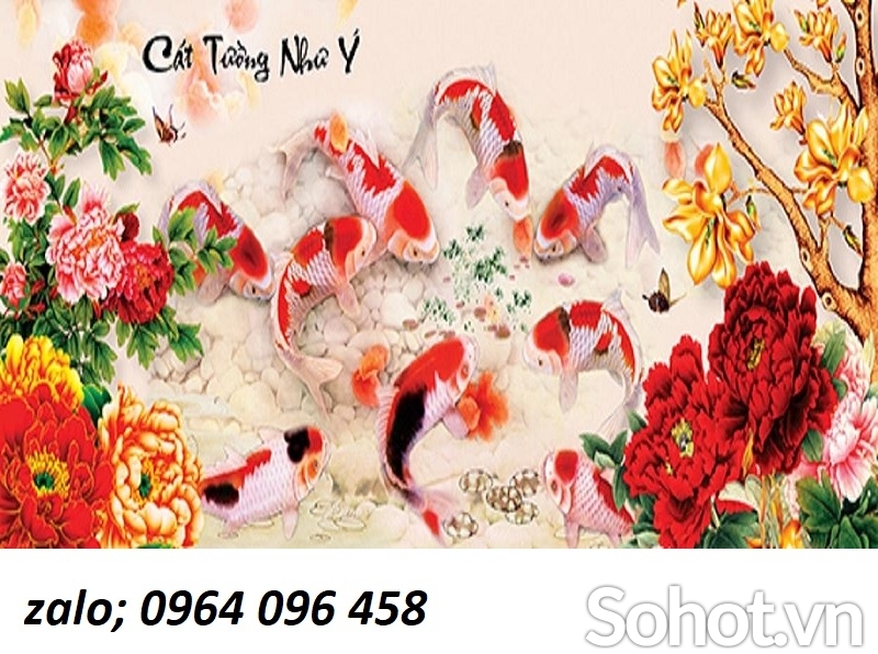 Tranh cá chép hoa sen 3d - tranh gạch 3d ốp tường - XCNNB9