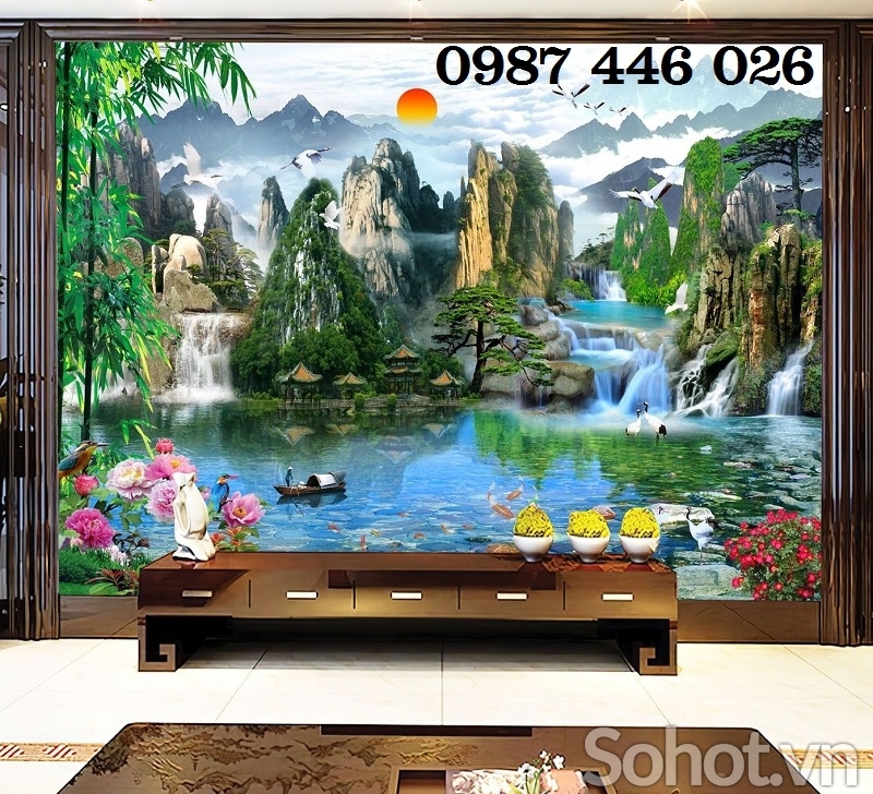 Gạch 3d tranh ốp tường phong cảnh thác nước HP7332