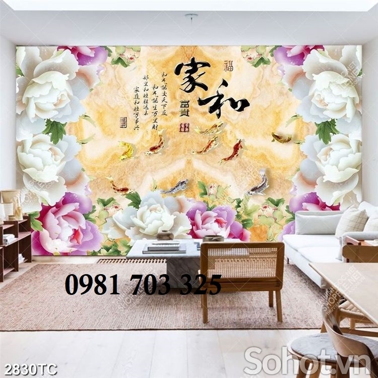 gạch tranh hoa mẫu đơn phong thủy 3D