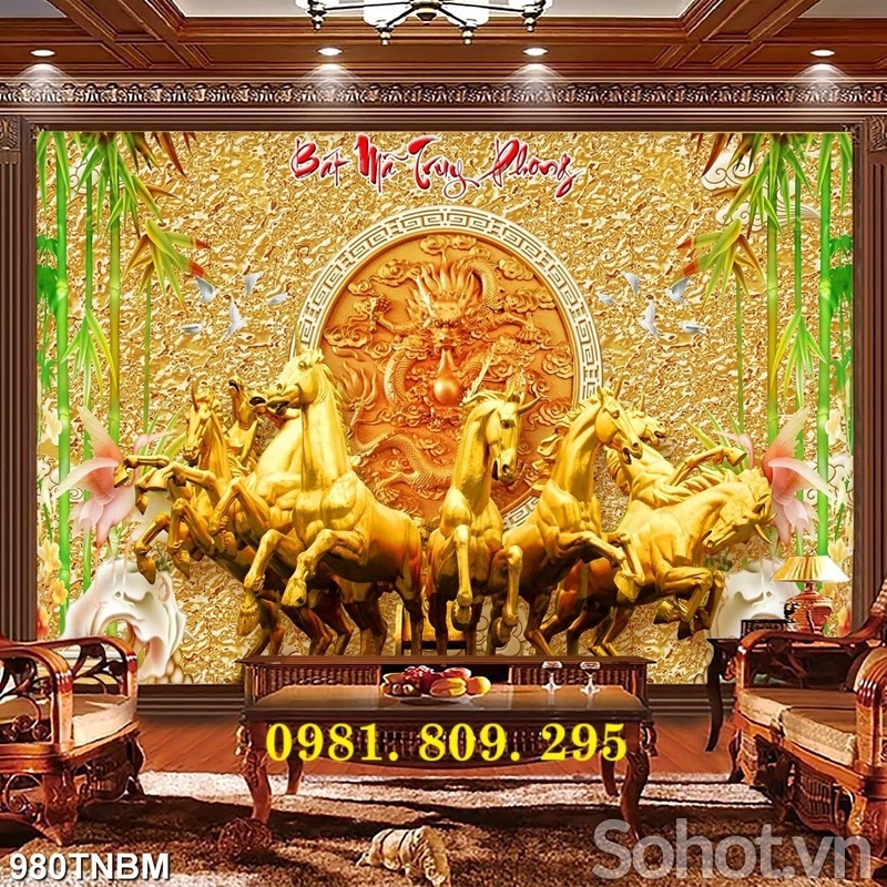 Tranh phong thủy bát mã, gạch tranh phong thủy HN838