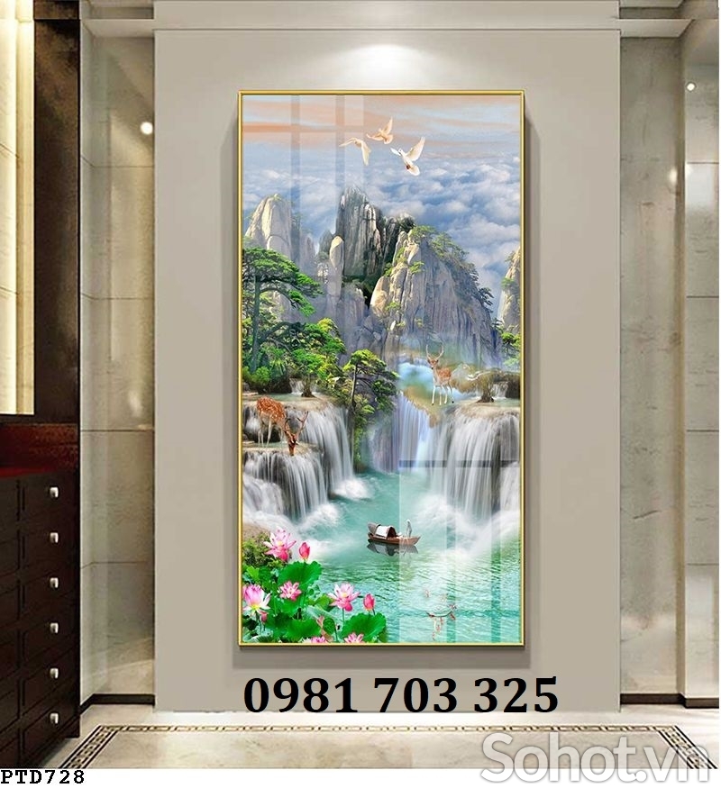 Tranh gạch men khổ đứng phong cảnh thác nước