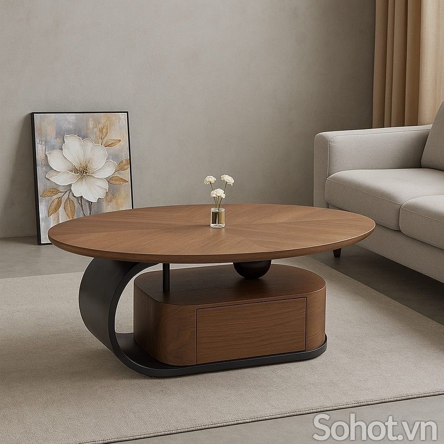 Bàn trà oval mặt gỗ HX60