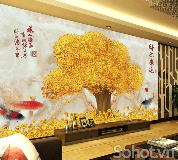 Tranh gạch 3d cây tiền vàng - K096