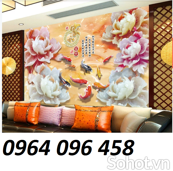 Tranh gạch 3d phong thủy cá chép hoa mẫu đơn - BNBB9