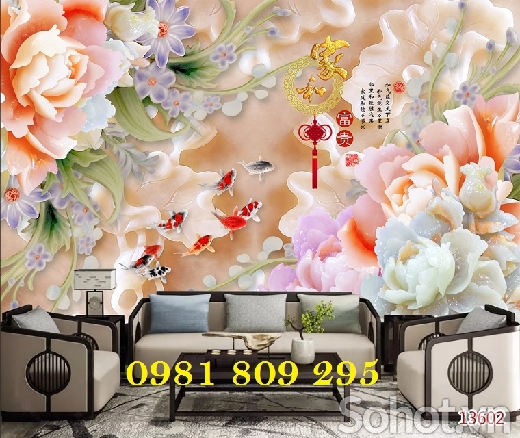 Gạch tranh hoa mẫu đơn 3d cá chép