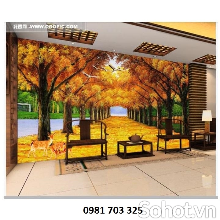 Tranh lá vàng- gạch tranh trang trí phòng khách