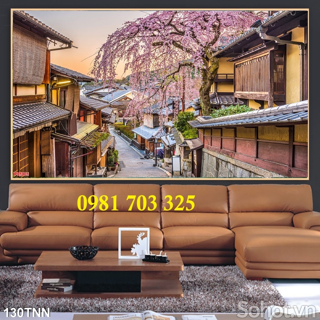 Tranh gạch 3D ốp tường phòng khách, tranh hoa đào