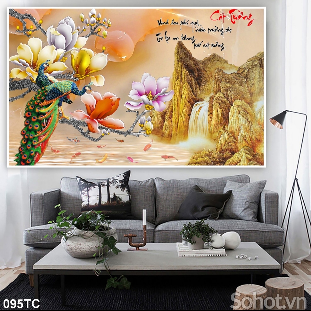 Tranh gạch chim công mẫu đơn 3d trang trí