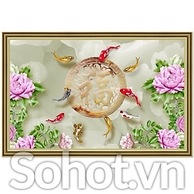 Tranh gạch cá chép hoa mẫu đơn 3d - LXDC32