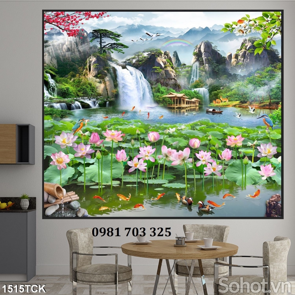 Tranh gạch hoa sen 3D phong thủy dán tường