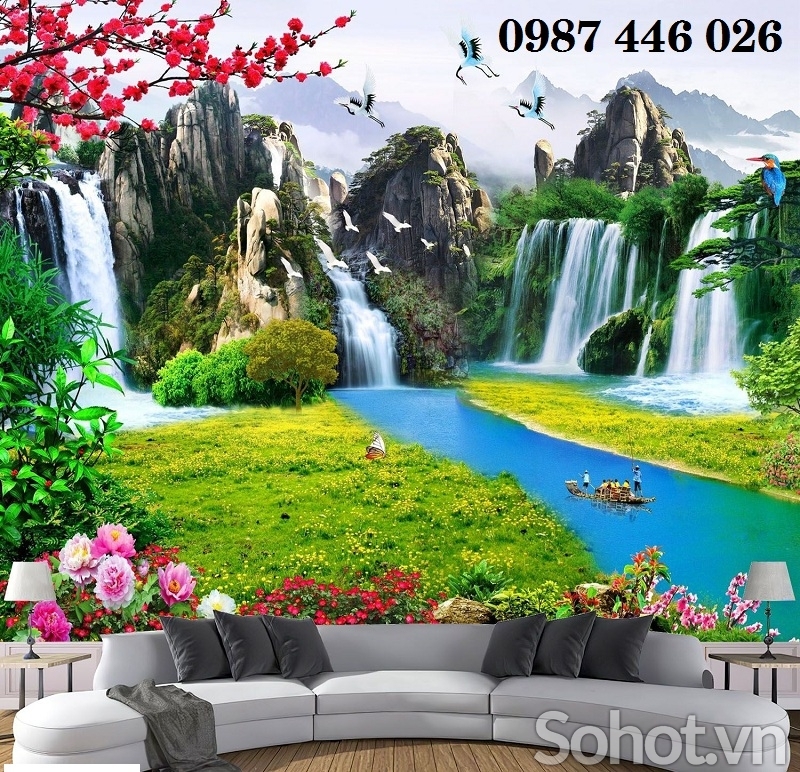 Gạch 3d tranh ốp tường phong cảnh thác nước HP7332