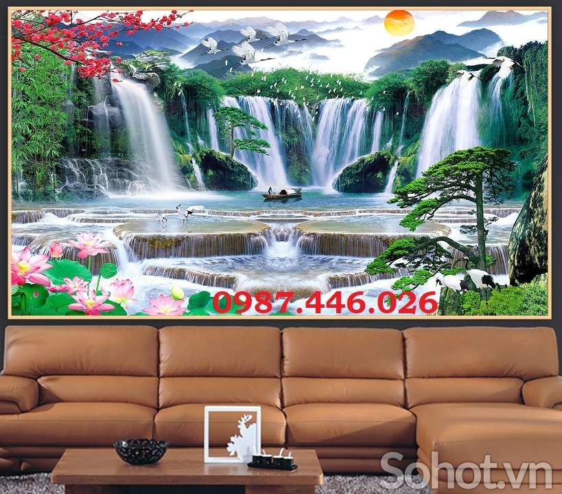 Gạch tranh thác nước, tranh ốp tường đẹp phòng khách HP827