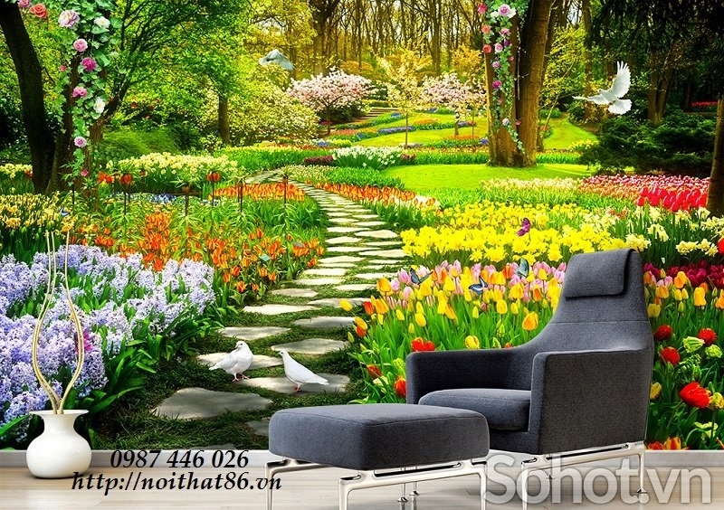 Gạch tranh ốp tường vườn hoa 3d