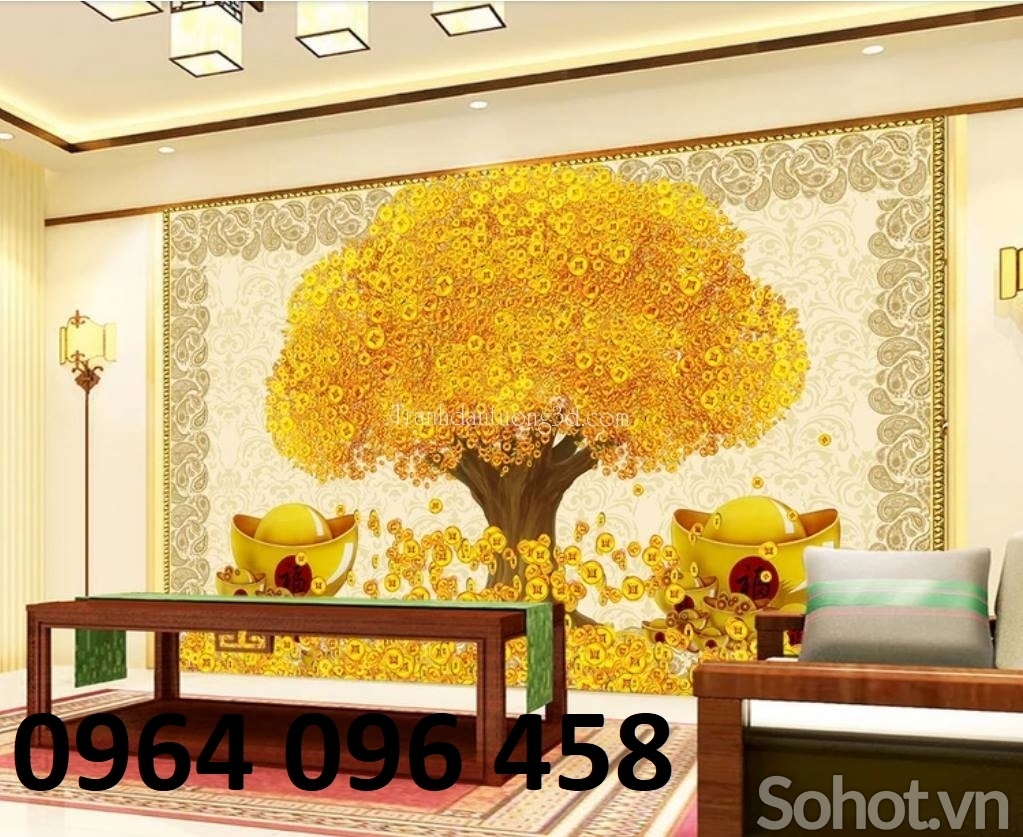 Tranh gạch 3d cây kim tiền dán tường phòng khách 096SM