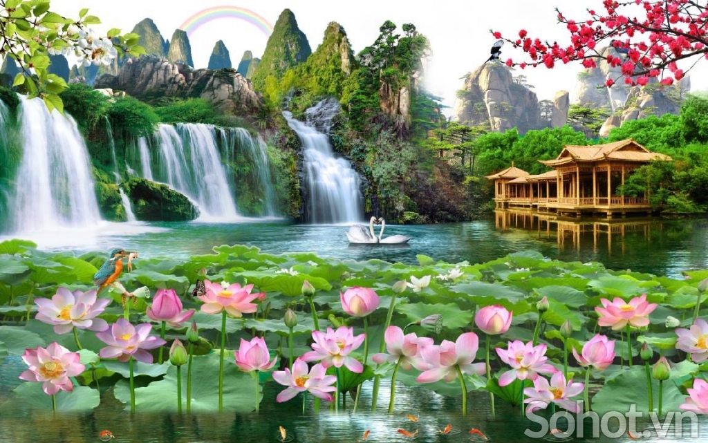 Tranh ốp tường phong cảnh đầm sen thác nước đẹp