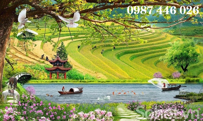 Gạch tranh 3d ốp tường làng quê HP2227