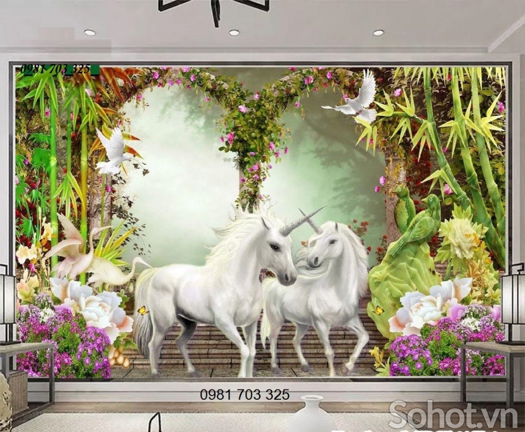 Tranh gạch 3D phòng khách- tranh 2 con ngựa