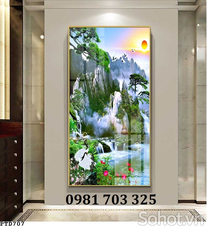 Tranh gạch men khổ đứng phong cảnh thác nước