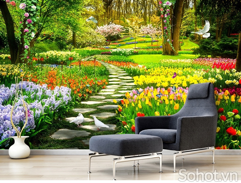 Tranh vườn hoa 3d - tranh gạch 3d vườn hoa - MNB54