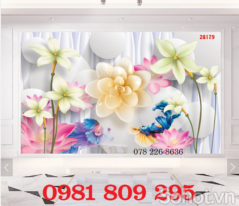 Mãu tranh hoa sen - gạch 3d phòng khách