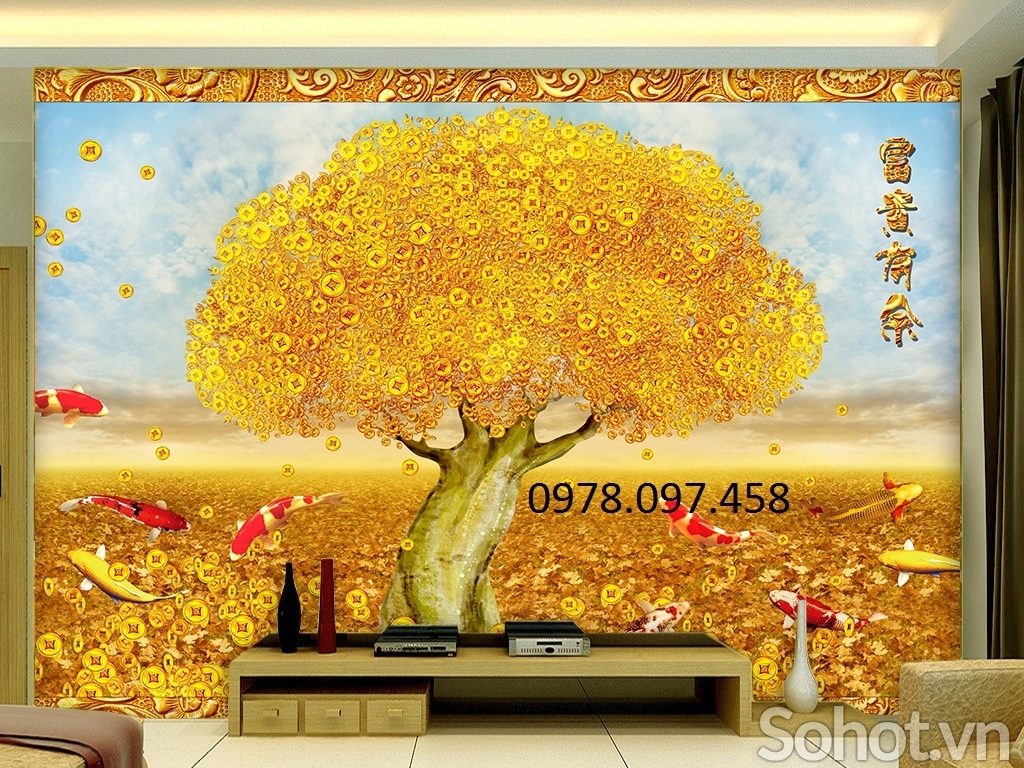 Tranh 3d cây xu vàng