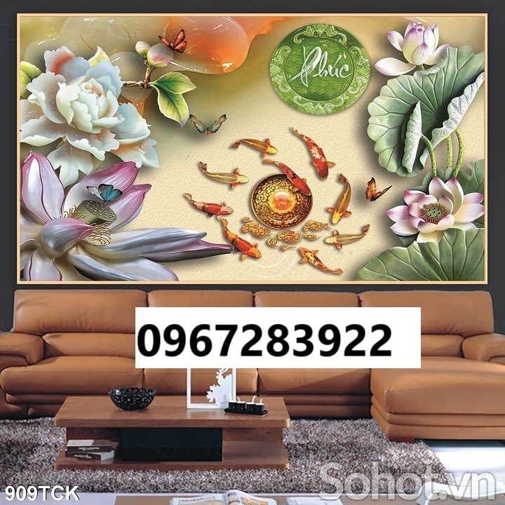 Tranh gạch đẹp 3d cá và hoa