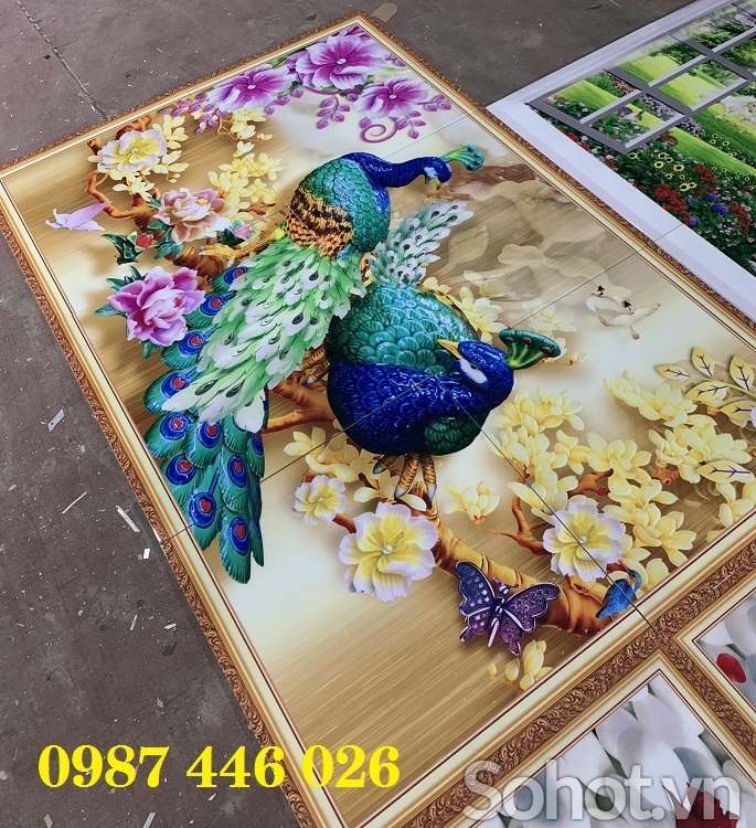Gạch 3d tranh in chim công thực tế HP9772