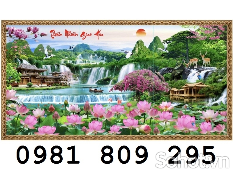 Tranh phong cảnh hồ sen , gạch 3d ốp tường HP6588