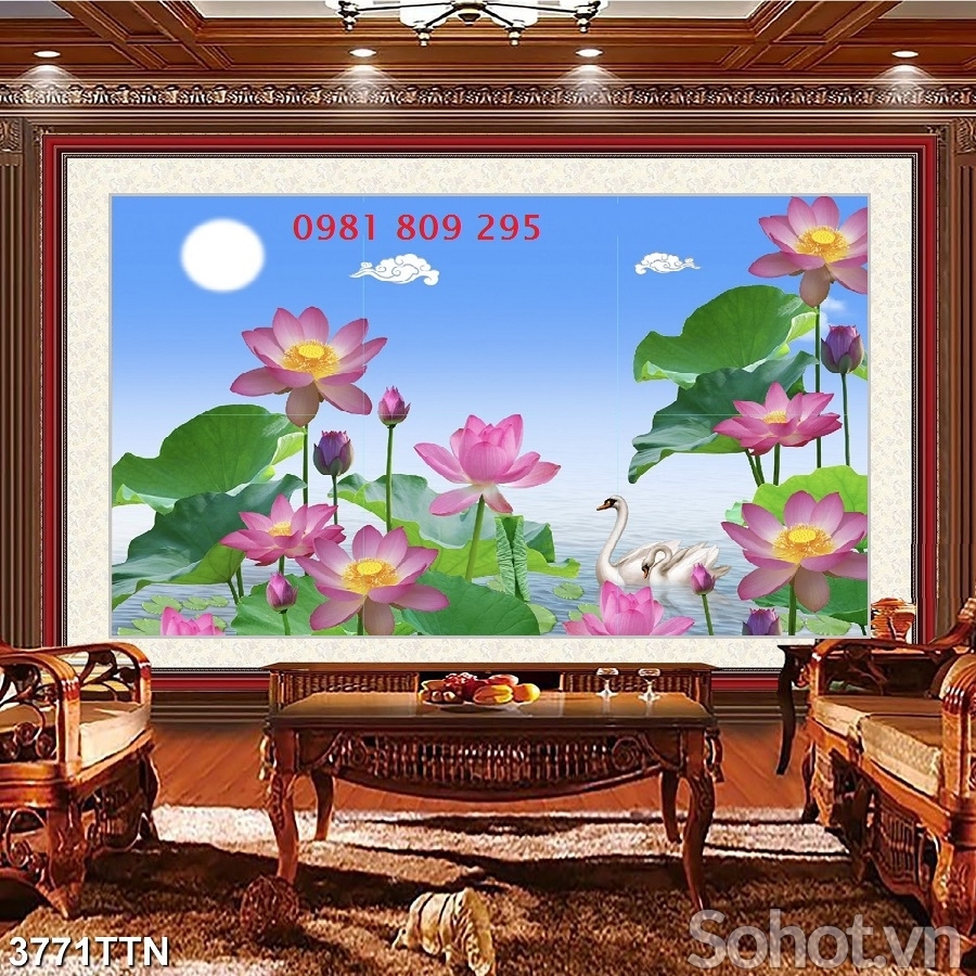 Tranh 3d hoa sen , gạch tranh phòng khách