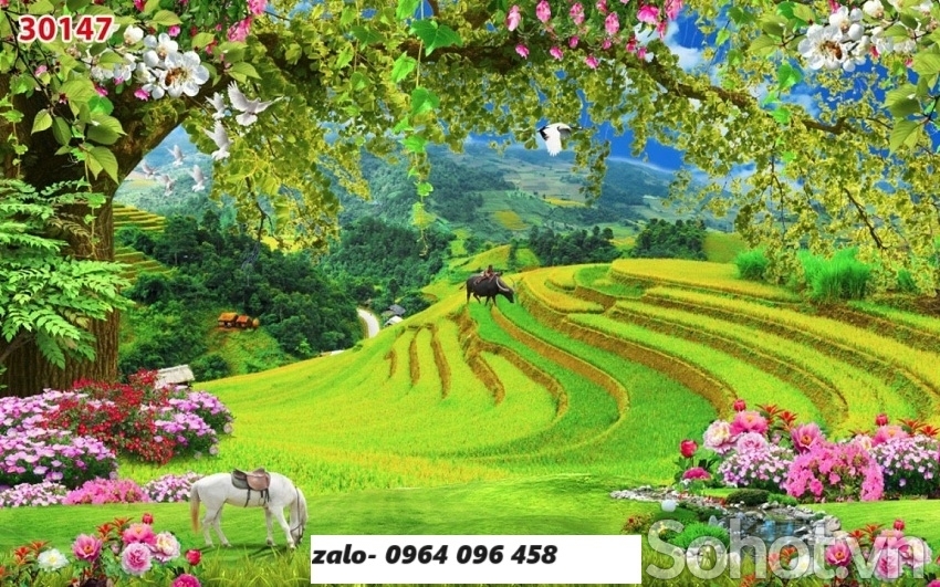 Tranh gạch 3d ốp tường phong cảnh vườn hoa thiên nhiên - CV34