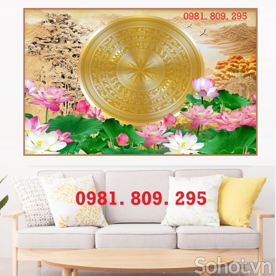 Gạch ốp tường , tranh cao cấp hoa sen trống đồng