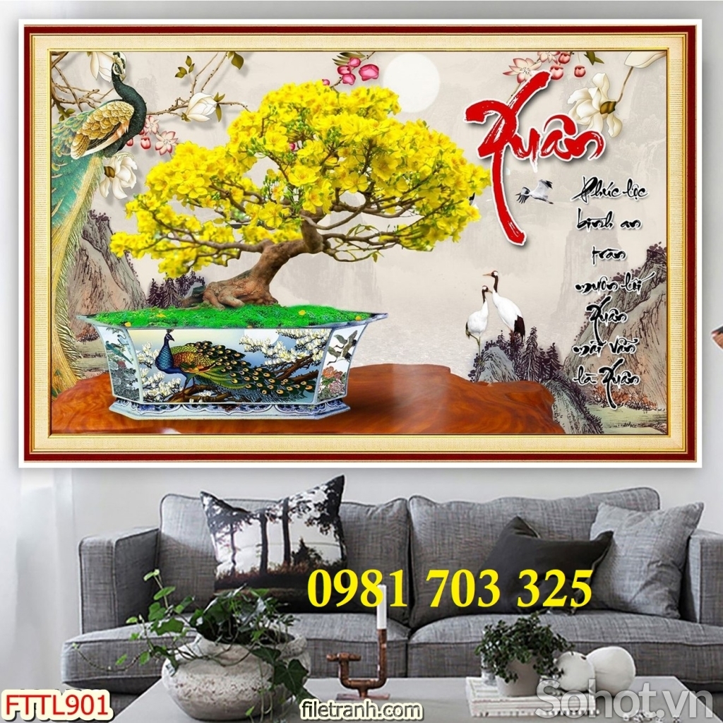 Tranh hoa mai trang trí tường, gạch men 3D