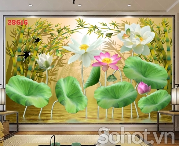 Tranh hoa sen trang trí tường- gạch tranh 3D