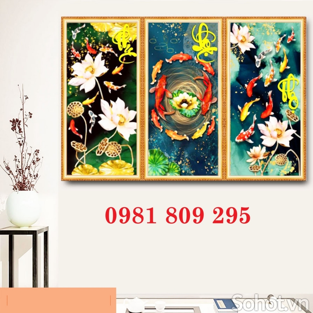 Gạch 3d hoa sen , tranh trang trí ốp tường cá chép