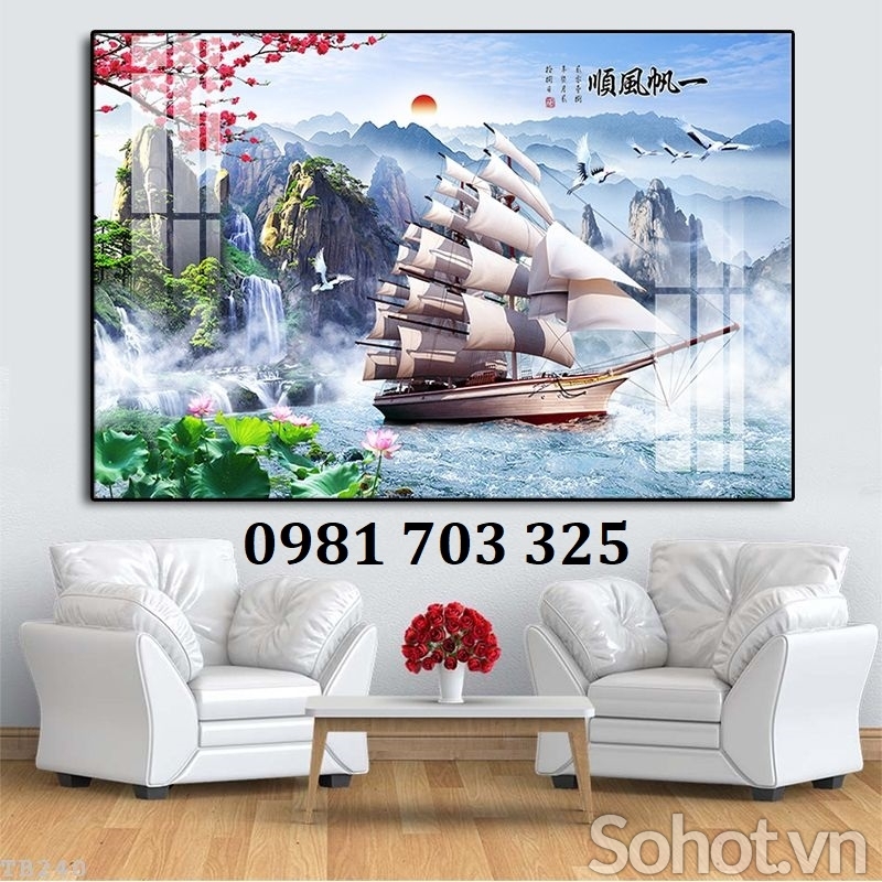 Gạch tranh phong thủy thuyền buồm 3D