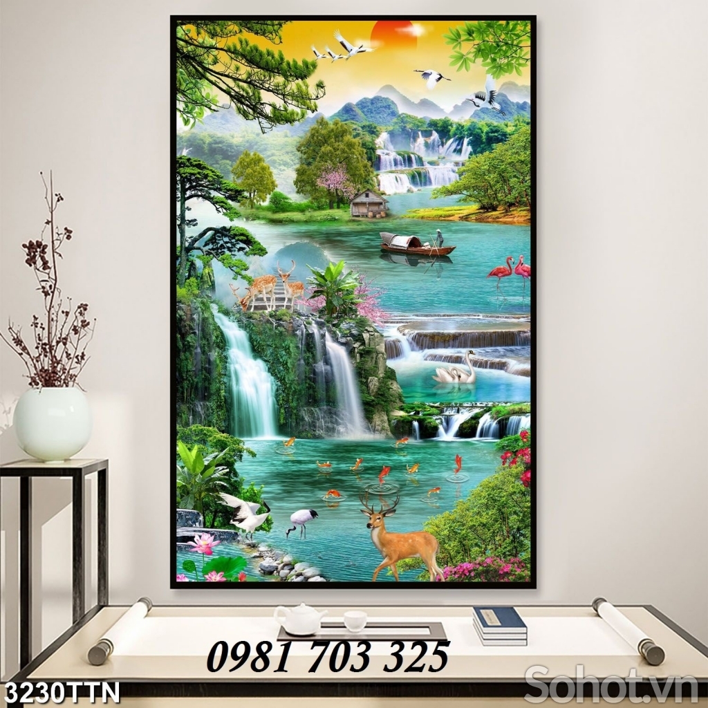 Gạch tranh phong cảnh khổ đứng, tranh thác nước